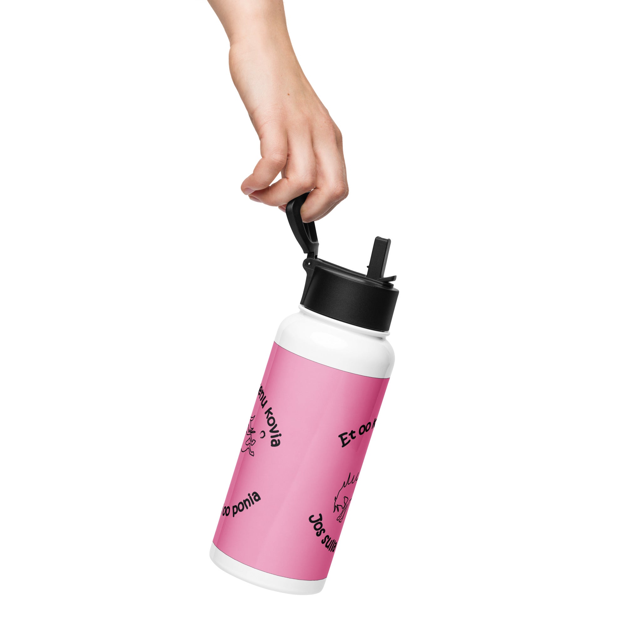 Pinkki ruostumaton teräs vesipullo, jossa on teksti "et oo kokenu kovia, jos sulla ei oo ponia".