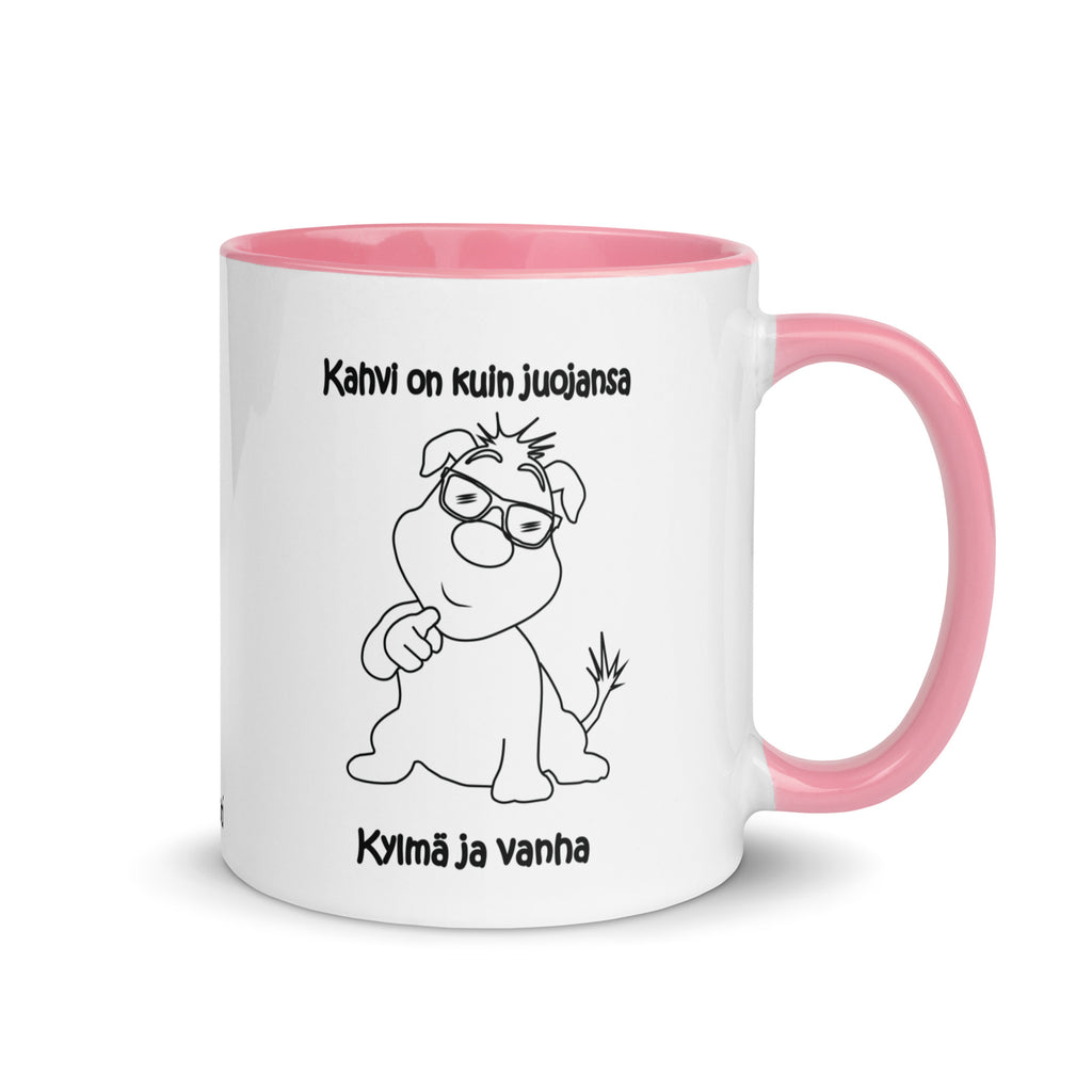 pinkki valkoinen keraaminen muki, jossa on koiran kuva ja huumoriteksti "Kahvi on kuin juojansa, kylmä ja vanha".