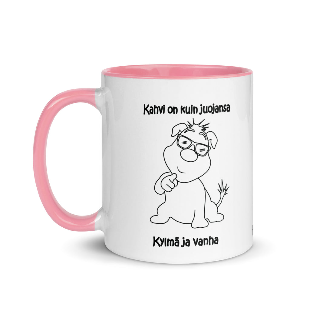 Värikäs keraaminen muki, jossa on koiran kuva ja huumoriteksti "Kahvi on kuin juojansa, kylmä ja vanha".