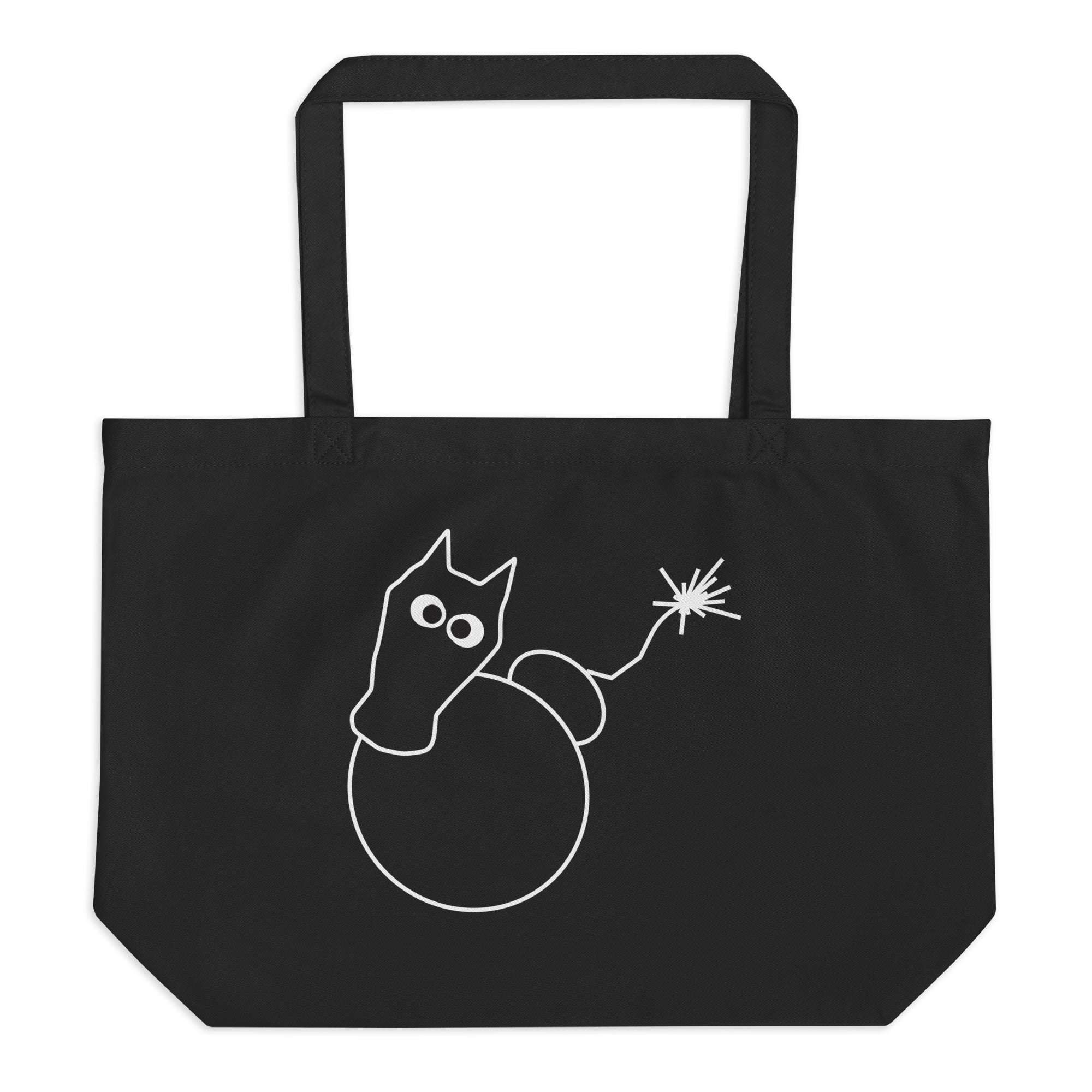 Musta luomupuuvilla kangaskassi, jossa on pommi-hevonen kuvitus. Hauska ja humoristinen