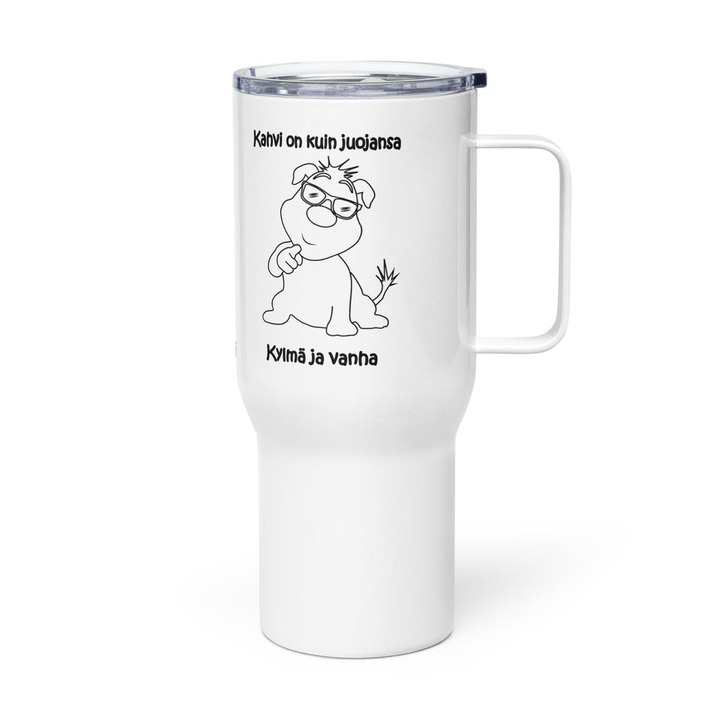 Ruostumaton teräs matkamuki huumoritekstillä "kahvi on kuin juojansa, kylmä ja vanha".